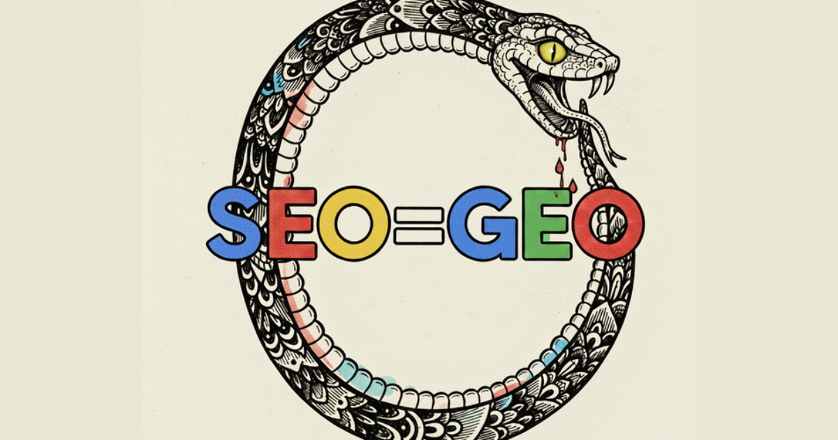 An ornate ouroboros snake with Google-colored scale accents and an acid-amber slit eye, head tilted hungrily down to swallow its own tail deeper into its jaws with small droplets of blood at the bite. The equation SEO=GEO in Google brand colors sits in front of the snake.
